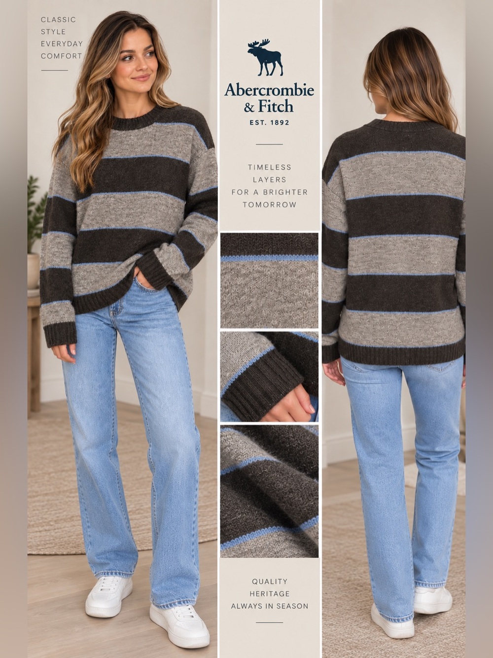 Abercrombie & Fitch Men's Brown, Brown and Blue Striped Crewneck Sweater